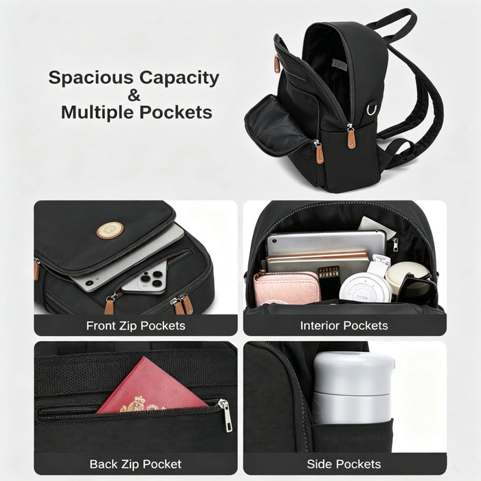 BPM2617 - Miss Lulu Women's Backpack, Water-Resistant Nylon Convertible Shoulder and Crossbody Bag for Travel Work - Black