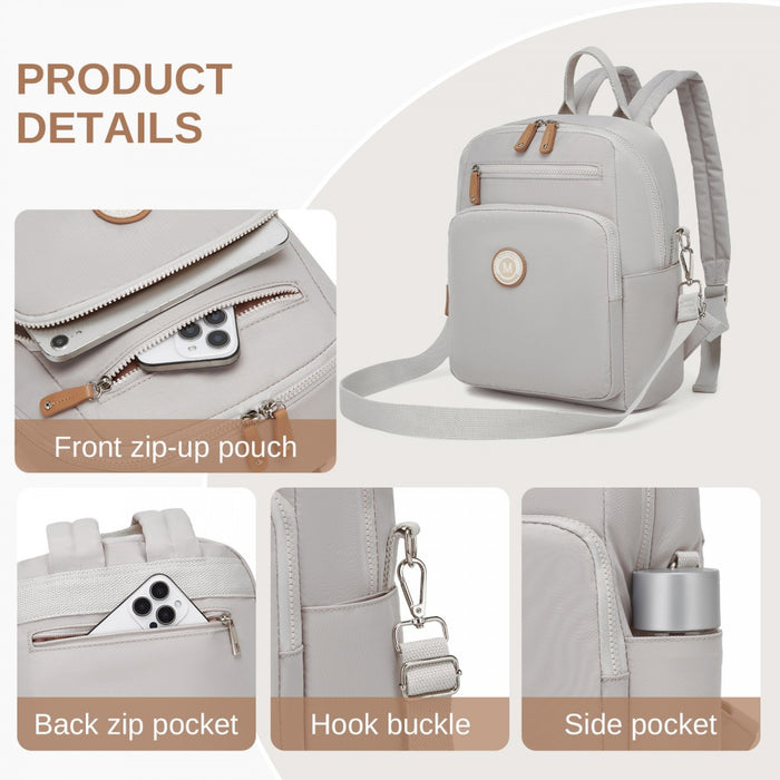 BPM2617 - Miss Lulu Women's Backpack, Water-Resistant Nylon Convertible Shoulder and Crossbody Bag for Travel Work - Light Grey