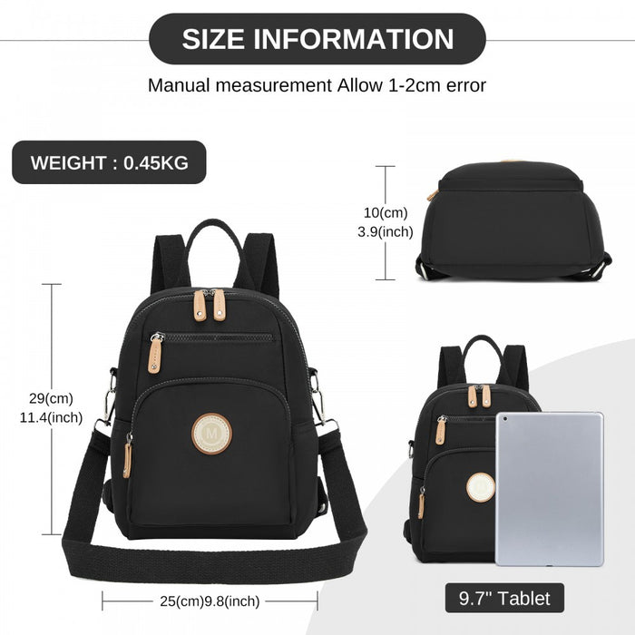 BPM2651 - Miss Lulu 3-in-1 Convertible Backpack with Removable Long Strap - Wear as Backpack, Shoulder or Crossbody Bag - Black
