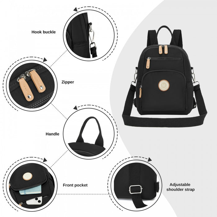 BPM2651 - Miss Lulu 3-in-1 Convertible Backpack with Removable Long Strap - Wear as Backpack, Shoulder or Crossbody Bag - Black