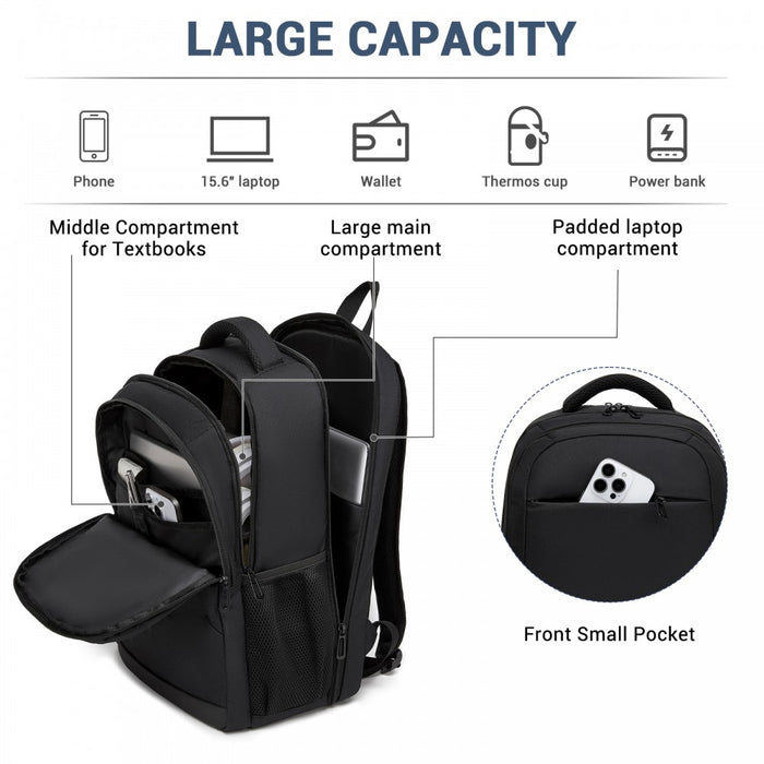 BPN2607 - Trendy Laptop Backpack,Soft Padded,Practical,Organized Storage,Lightweight 15.6" Notebook Bag for Work, School & Travel - Black