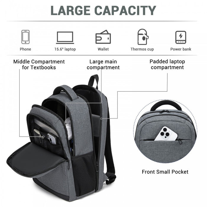 BPN2607 - Trendy Laptop Backpack,Soft Padded,Practical,Organized Storage,Lightweight 15.6" Notebook Bag for Work, School & Travel - Grey