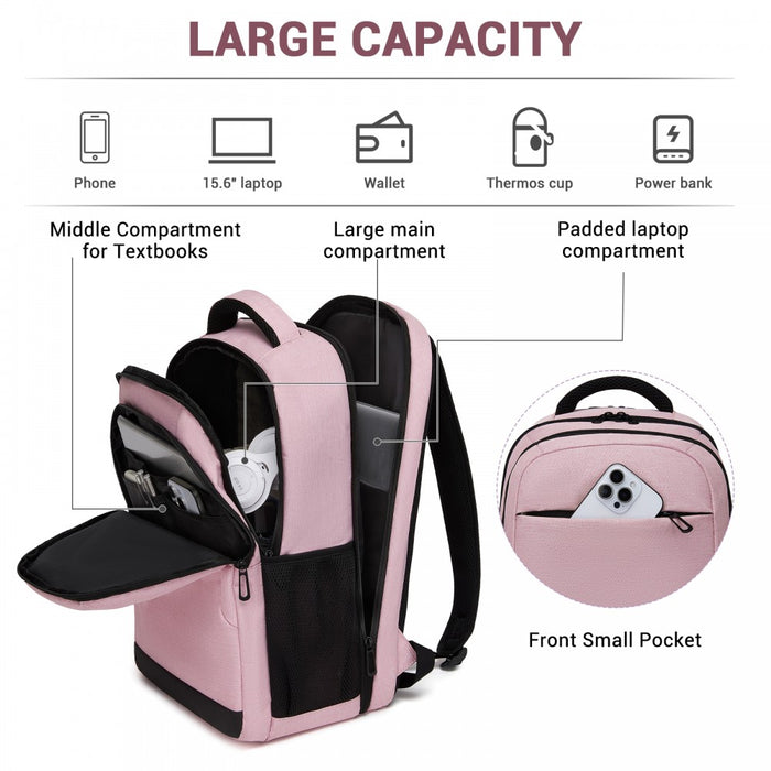 BPN2607 - Trendy Laptop Backpack,Soft Padded,Practical,Organized Storage,Lightweight 15.6" Notebook Bag for Work, School & Travel - Pink
