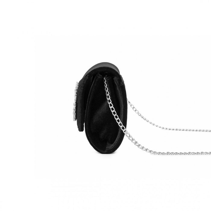 CLM2457 - Miss Lulu Elegant Velvet Evening Clutch with Crystal Ring & Detachable Chain Strap - Versatile Shoulder or Handheld Bag - Black