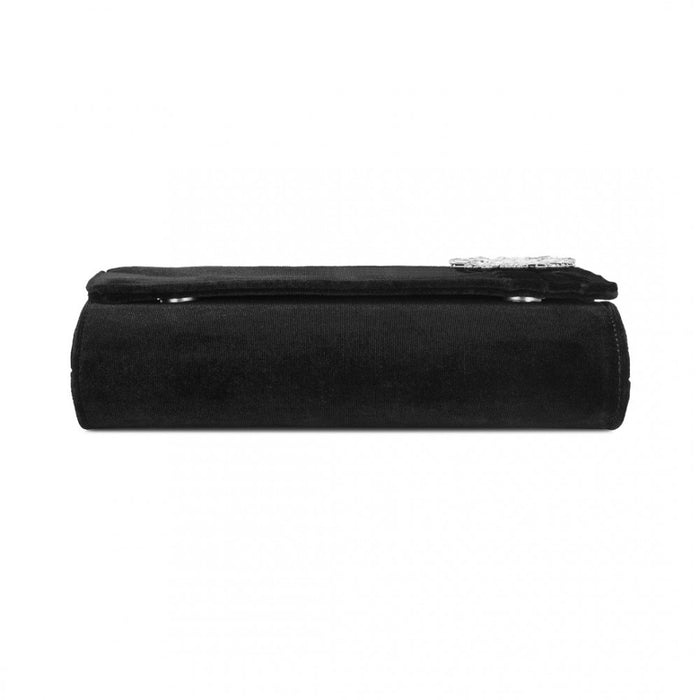 CLM2457 - Miss Lulu Elegant Velvet Evening Clutch with Crystal Ring & Detachable Chain Strap - Versatile Shoulder or Handheld Bag - Black