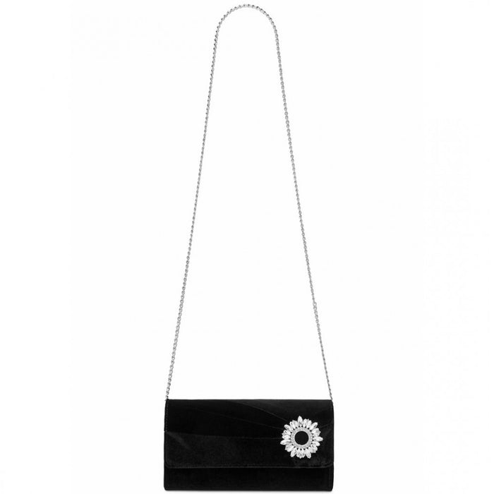 CLM2457 - Miss Lulu Elegant Velvet Evening Clutch with Crystal Ring & Detachable Chain Strap - Versatile Shoulder or Handheld Bag - Black