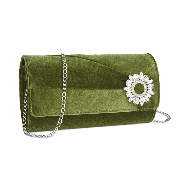 CLM2457 - Miss Lulu Elegant Velvet Evening Clutch with Crystal Ring & Detachable Chain Strap - Versatile Shoulder or Handheld Bag - Green