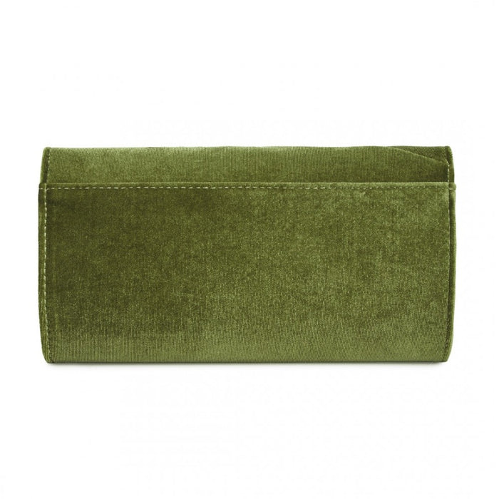 CLM2457 - Miss Lulu Elegant Velvet Evening Clutch with Crystal Ring & Detachable Chain Strap - Versatile Shoulder or Handheld Bag - Green