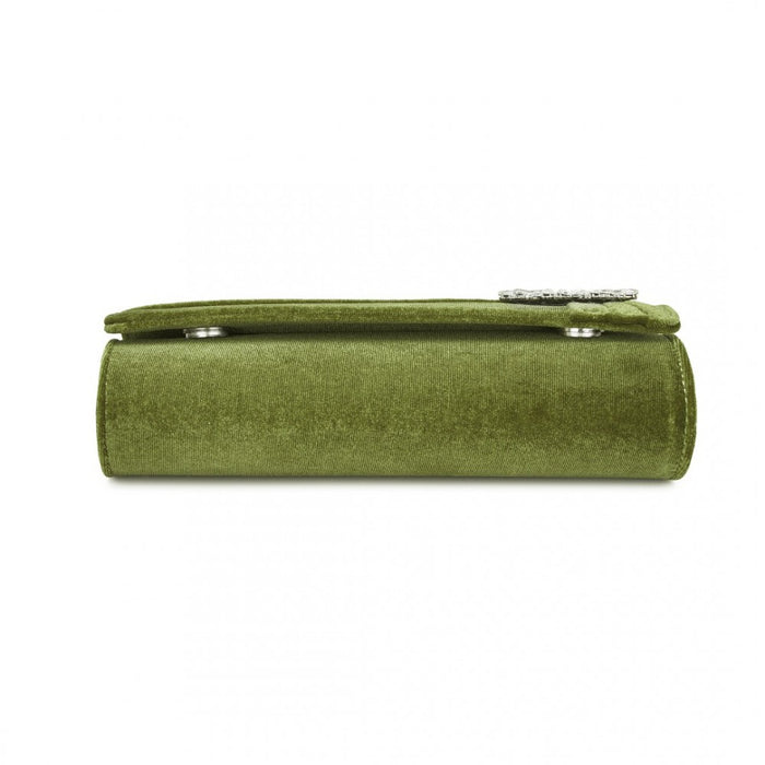 CLM2457 - Miss Lulu Elegant Velvet Evening Clutch with Crystal Ring & Detachable Chain Strap - Versatile Shoulder or Handheld Bag - Green