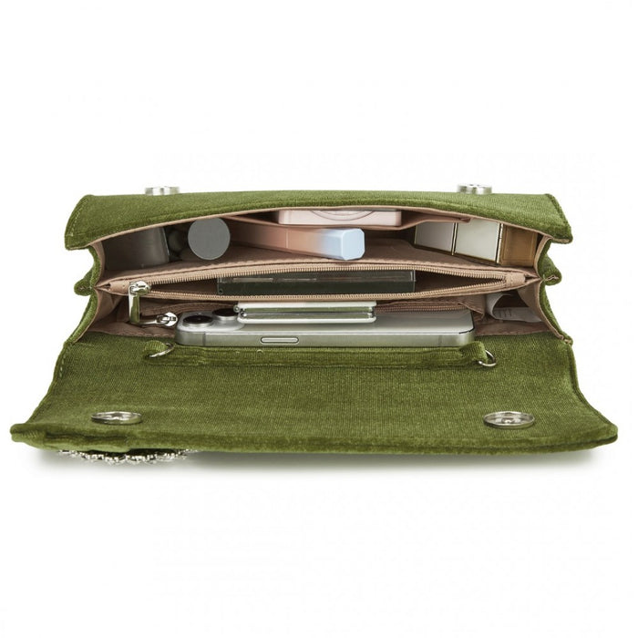 CLM2457 - Miss Lulu Elegant Velvet Evening Clutch with Crystal Ring & Detachable Chain Strap - Versatile Shoulder or Handheld Bag - Green