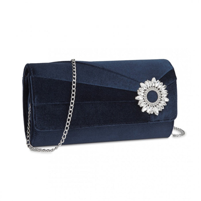 CLM2457 - Miss Lulu Elegant Velvet Evening Clutch with Crystal Ring & Detachable Chain Strap - Versatile Shoulder or Handheld Bag - Navy