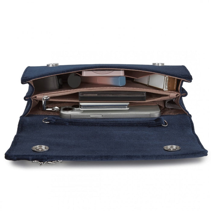CLM2457 - Miss Lulu Elegant Velvet Evening Clutch with Crystal Ring & Detachable Chain Strap - Versatile Shoulder or Handheld Bag - Navy