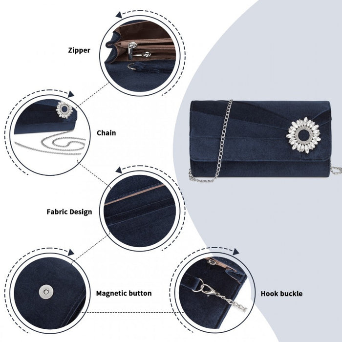 CLM2457 - Miss Lulu Elegant Velvet Evening Clutch with Crystal Ring & Detachable Chain Strap - Versatile Shoulder or Handheld Bag - Navy