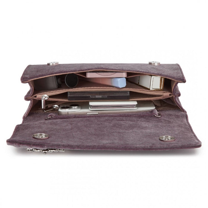 CLM2457 - Miss Lulu Elegant Velvet Evening Clutch with Crystal Ring & Detachable Chain Strap - Versatile Shoulder or Handheld Bag - Purple