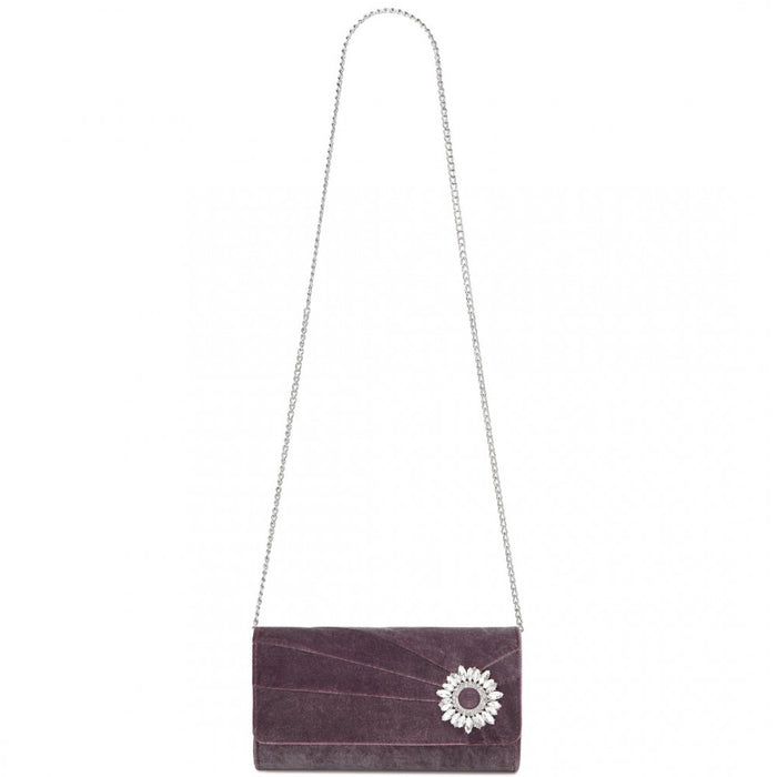 CLM2457 - Miss Lulu Elegant Velvet Evening Clutch with Crystal Ring & Detachable Chain Strap - Versatile Shoulder or Handheld Bag - Purple