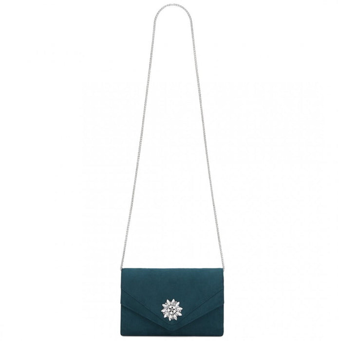 CLM2458 - Miss Lulu Elegant Faux Suede Evening Clutch with Crystal Flower & Detachable Chain Strap - Navy
