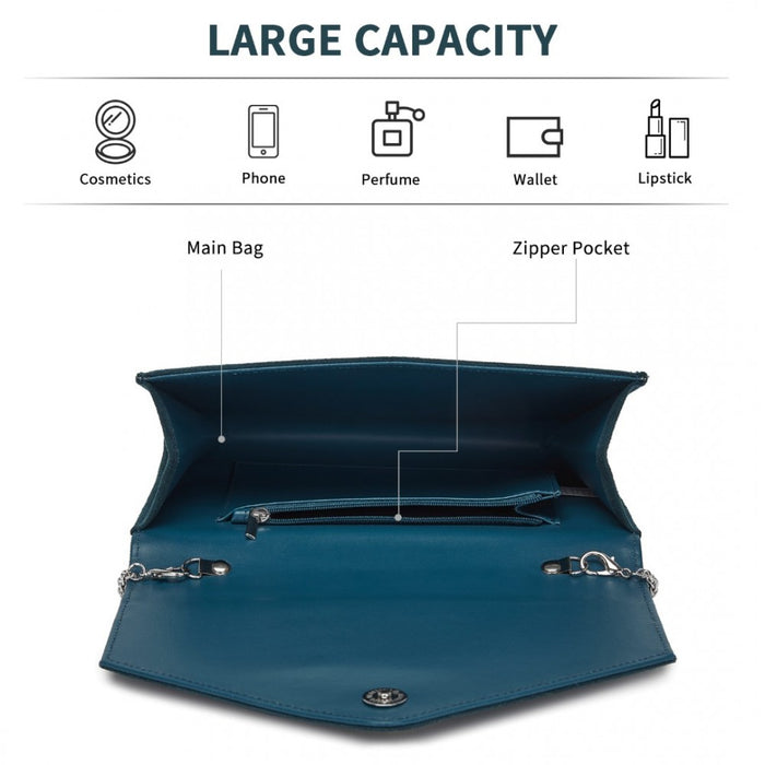 CLM2458 - Miss Lulu Elegant Faux Suede Evening Clutch with Crystal Flower & Detachable Chain Strap - Navy