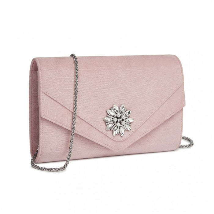 CLM2458 - Miss Lulu Elegant Faux Suede Evening Clutch with Crystal Flower & Detachable Chain Strap - Pink