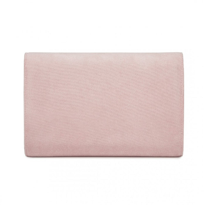CLM2458 - Miss Lulu Elegant Faux Suede Evening Clutch with Crystal Flower & Detachable Chain Strap - Pink