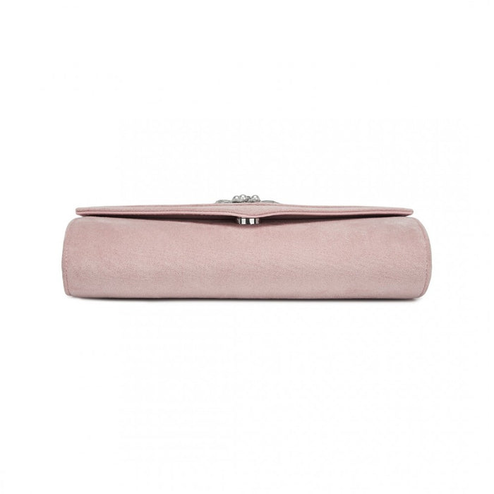 CLM2458 - Miss Lulu Elegant Faux Suede Evening Clutch with Crystal Flower & Detachable Chain Strap - Pink