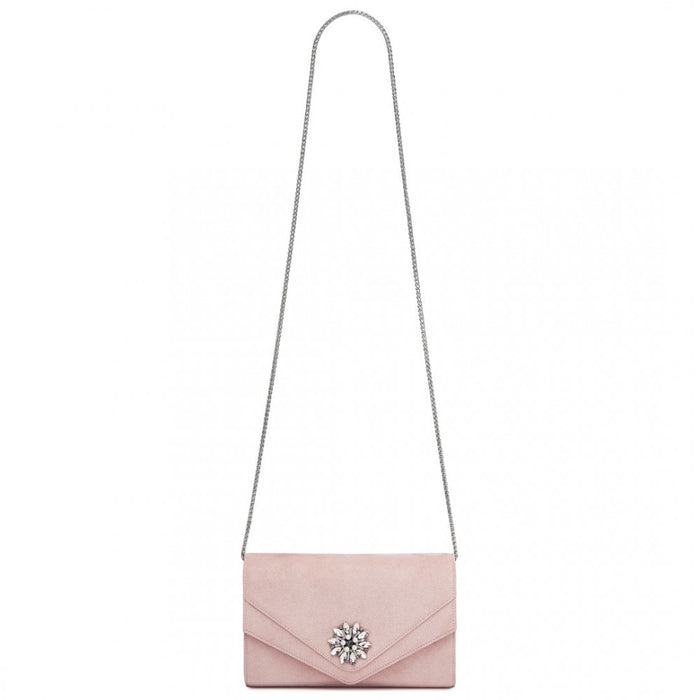CLM2458 - Miss Lulu Elegant Faux Suede Evening Clutch with Crystal Flower & Detachable Chain Strap - Pink