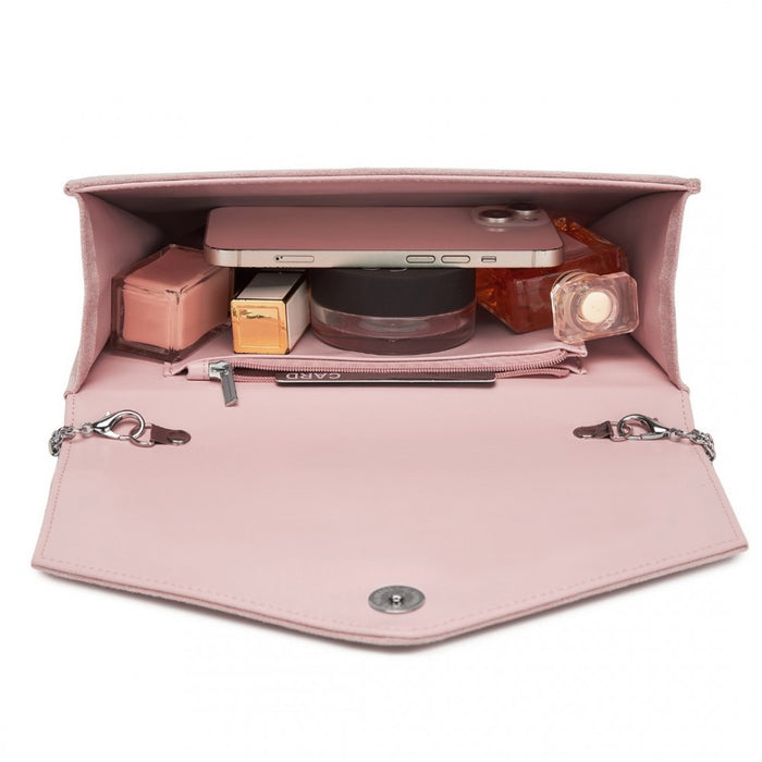 CLM2458 - Miss Lulu Elegant Faux Suede Evening Clutch with Crystal Flower & Detachable Chain Strap - Pink