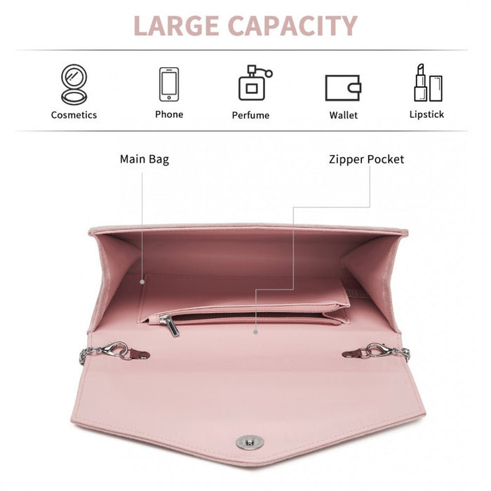 CLM2458 - Miss Lulu Elegant Faux Suede Evening Clutch with Crystal Flower & Detachable Chain Strap - Pink