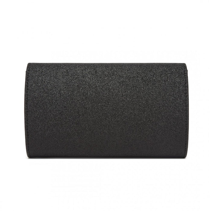 CLM2459 - Miss Lulu Women's Glitter Envelope Clutch with V-Metal Trim & Detachable Chain Strap - Black