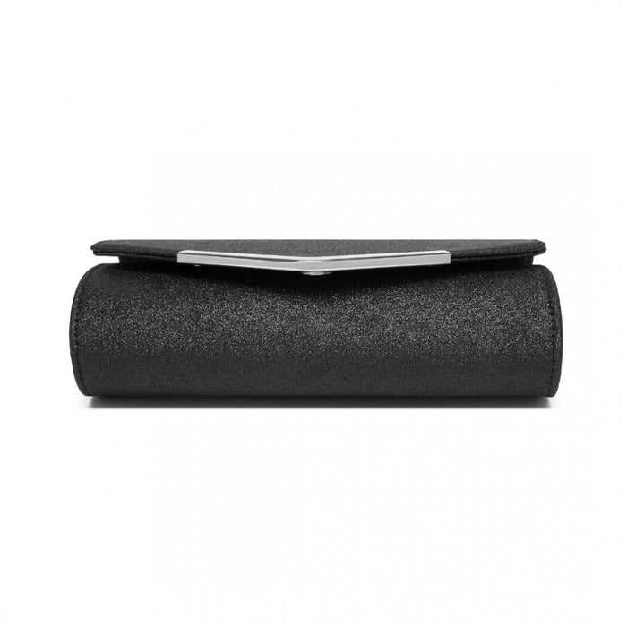 CLM2459 - Miss Lulu Women's Glitter Envelope Clutch with V-Metal Trim & Detachable Chain Strap - Black