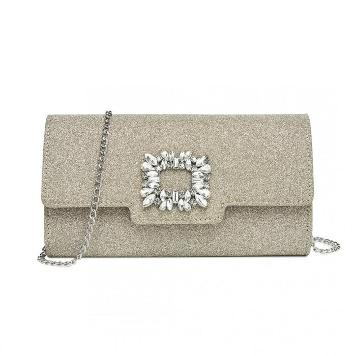 CLM2461 - Miss Lulu Glitter Evening Clutch with Crystal Embellishment & Detachable Chain Strap - Elegant Crossbody or Handheld Bag - Gold