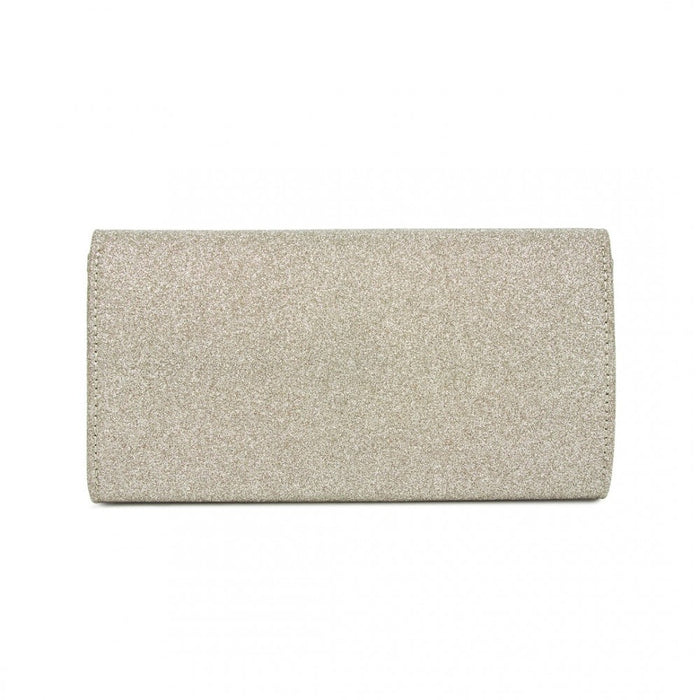 CLM2461 - Miss Lulu Glitter Evening Clutch with Crystal Embellishment & Detachable Chain Strap - Elegant Crossbody or Handheld Bag - Gold