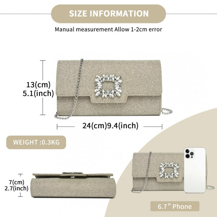 CLM2461 - Miss Lulu Glitter Evening Clutch with Crystal Embellishment & Detachable Chain Strap - Elegant Crossbody or Handheld Bag - Gold