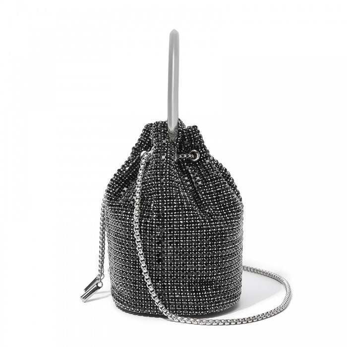 CLS2510 - Women's Rhinestone Evening Bag – Sparkly Handbag with Metal Ring Handle and Chain Crossbody Strap - Black