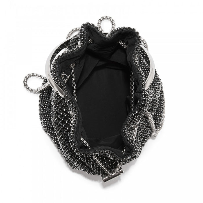 CLS2510 - Women's Rhinestone Evening Bag – Sparkly Handbag with Metal Ring Handle and Chain Crossbody Strap - Black
