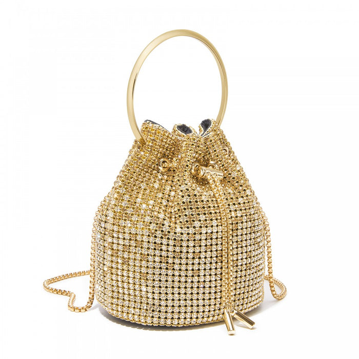 CLS2510 - Women's Rhinestone Evening Bag – Sparkly Handbag with Metal Ring Handle and Chain Crossbody Strap - Gold