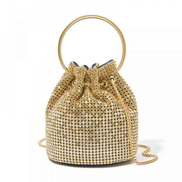 CLS2510 - Women's Rhinestone Evening Bag – Sparkly Handbag with Metal Ring Handle and Chain Crossbody Strap - Gold