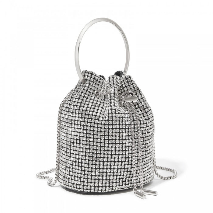 CLS2510 - Women's Rhinestone Evening Bag – Sparkly Handbag with Metal Ring Handle and Chain Crossbody Strap - Silver