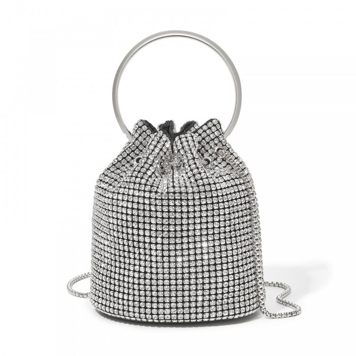 CLS2510 - Women's Rhinestone Evening Bag – Sparkly Handbag with Metal Ring Handle and Chain Crossbody Strap - Silver