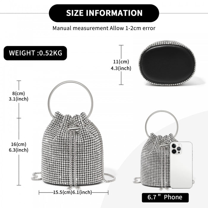 CLS2510 - Women's Rhinestone Evening Bag – Sparkly Handbag with Metal Ring Handle and Chain Crossbody Strap - Silver