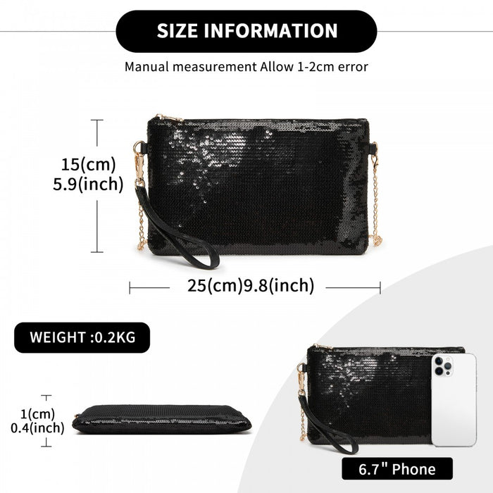 CLS2512 - Glam Sparkle Sequin Evening Clutch-Sleek, Shimmering Wristlet & Crossbody - Black