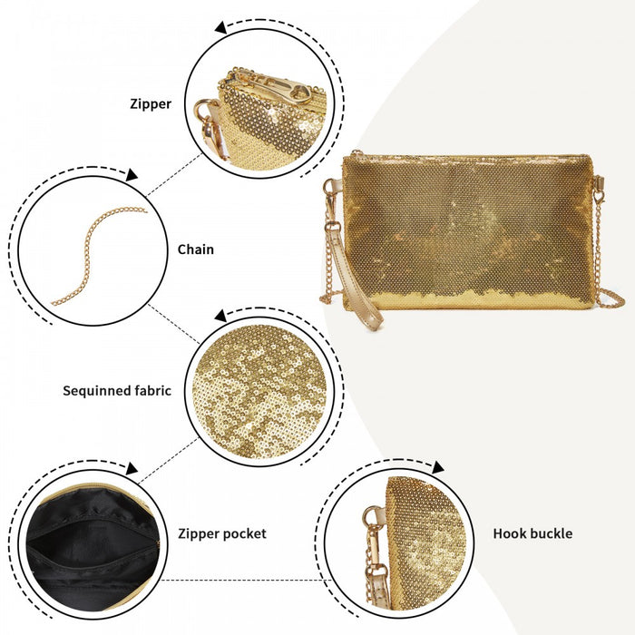 CLS2512 - Glam Sparkle Sequin Evening Clutch-Sleek, Shimmering Wristlet & Crossbody - Gold