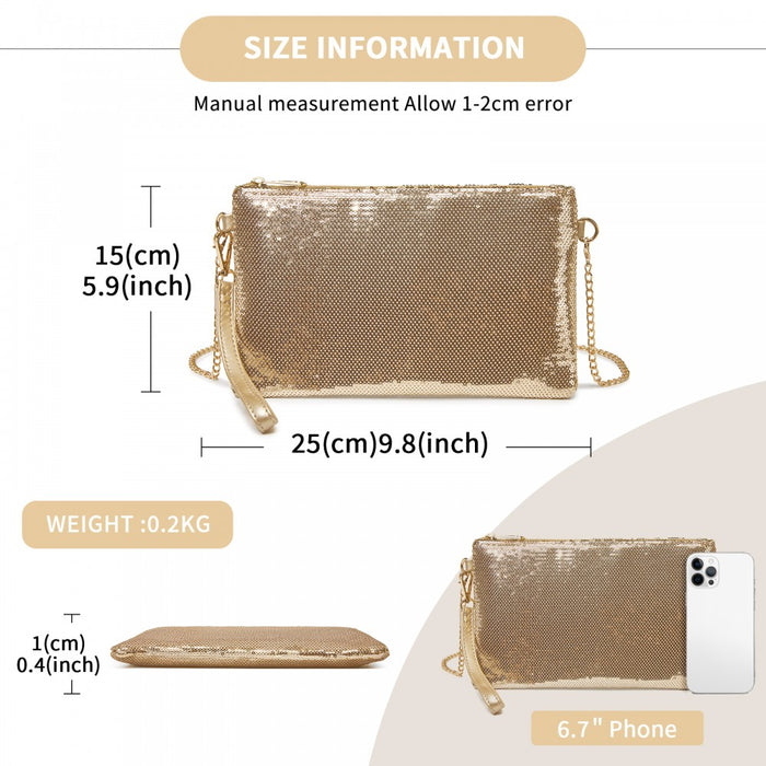 CLS2512 - Glam Sparkle Sequin Evening Clutch-Sleek, Shimmering Wristlet & Crossbody - Light Gold