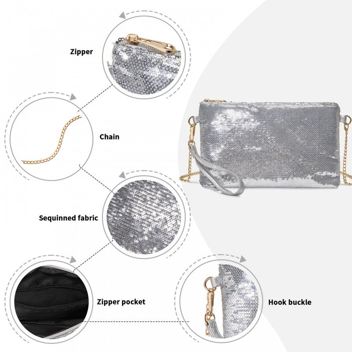 CLS2512 - Glam Sparkle Sequin Evening Clutch-Sleek, Shimmering Wristlet & Crossbody - Silver