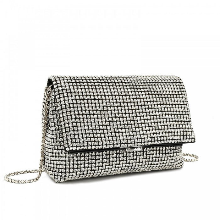 CLS2625 - Rhinestone Clutch Bag, Detachable Metal Chain Evening Bag,  Synthetic Diamond Crossbody Shoulder Handbag for Wedding Party Prom - Silver