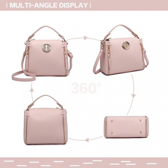 E1851 - Miss Lulu Leather Look Dual Zipped Handbag - Pink