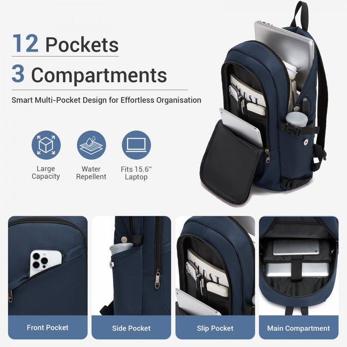 E6715 - Kono Business Laptop Backpack with USB Charging Port - Dark Blue