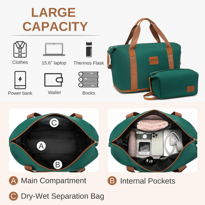EA2212 - Kono Two Pieces Expandable Durable Waterproof Travel Duffel Bag Set - Green And Brown