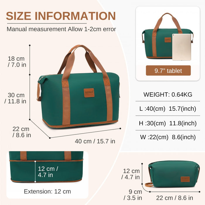 KSK2592+EA2212 - Kono 20 Inch ABS+PC Hard Shell Cabin Suitcase Set with Travel Bag & Toiletry Pouch - Dark Green and Brown