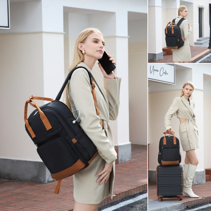 EQ2401 - Kono Multi-Compartment Laptop Backpack with Type-C USB Charging Port and Small Pouch for Daily Commute and Travel - Black And Brown