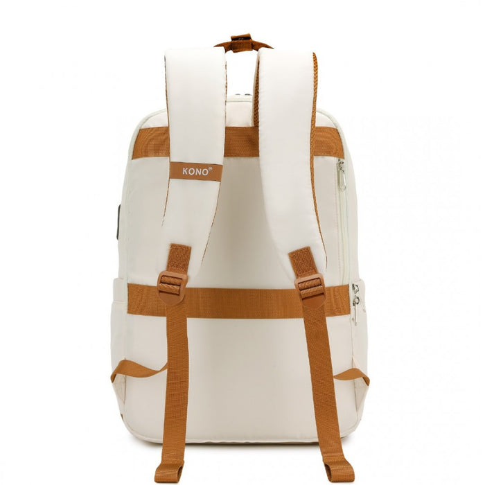 EQ2401 - Kono Multi-Compartment Laptop Backpack with Type-C USB Charging Port and Small Pouch for Daily Commute and Travel - Cream And Brown